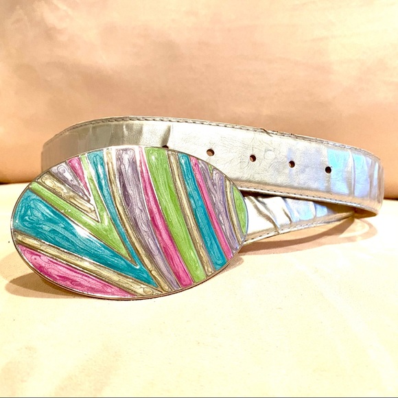 Silver Belt with Colorful Enamel Style Buckle - Picture 1 of 8